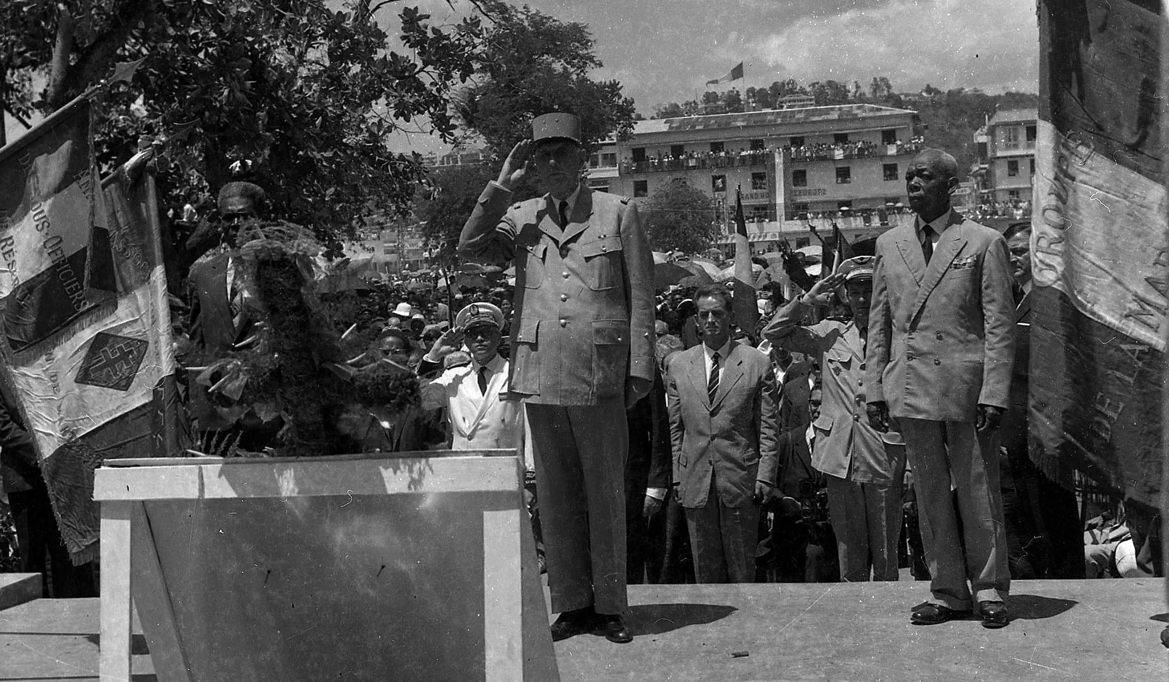 Charles de Gaulle standing at a lectern in Martinique