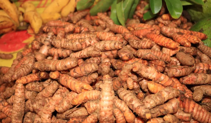 Tubercules de curcuma en vente au marché de Fort-de-France