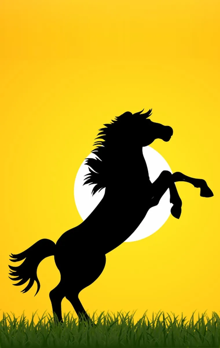 Cheval cabré avec un coucher de soleil en fond