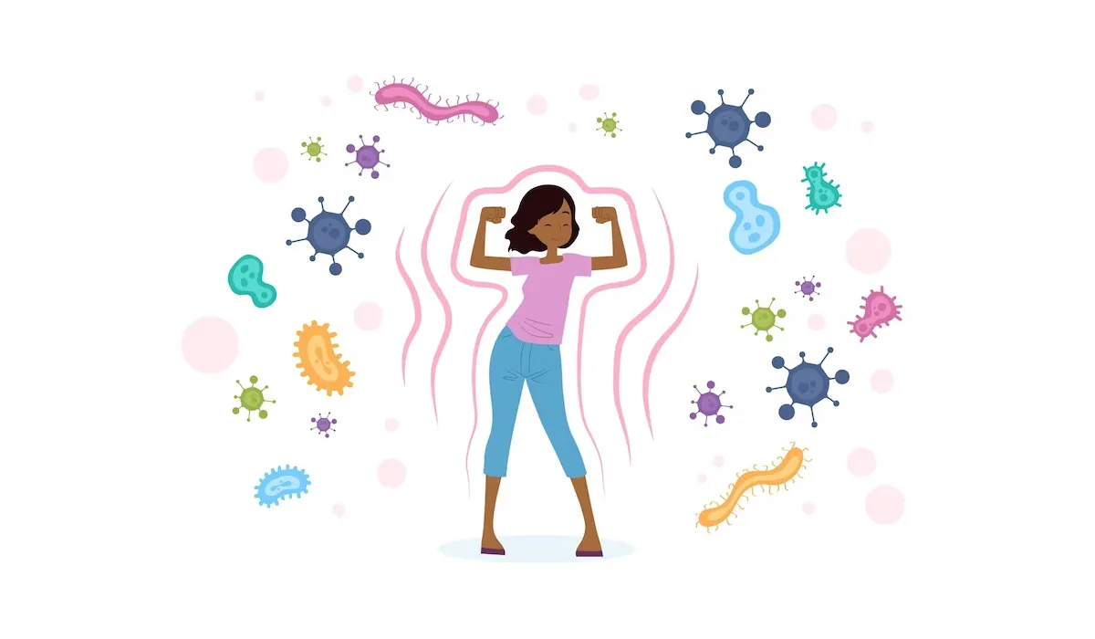 Illustration d'une femme se protégeant contre des virus et des bactéries